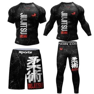 새로운 Jiu Jitsu Rashguard MMA 티셔츠 + 남성용 바지 4 개/대 브라질 격투 Bjj 복싱 러쉬 가드 스포츠 의류 체육관 반바지
