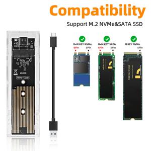 M.2 NVME PCIe NGFF SATA 듀얼 프로토콜 SSD 케이스 투명 USB 유형 C 10Gbps PCI-E M2 SSD 투명 외부 인클로저 하드 디스크 박스