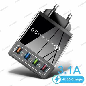 3.1A 고속 충전 USB 충전기 4포트 QC 3.0 벽면 충전기 (샤오미, 삼성 휴대폰용) 미국/EU 플러그 휴대폰 여행용 충전기