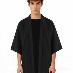 남성용 일본식 기모노 셔츠 캐주얼 오픈 스티치 경량 유카타 패션 블랙 가디건 여름 휴가용 3/4 슬리브 아웃웨어