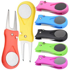 볼 마커가있는 1PCS 접이식 골프 디벗 수리 도구-스위치 블레이드 스타일 피치 포크 및 그루브 클리너 휴대용 골프 액세서리