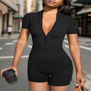 여성용 질감 반팔 지퍼 앞 스포츠 요가 점프수트, 슬림 힙 하이 웨이스트 스트레치 점프수트, 2024 여름 신상