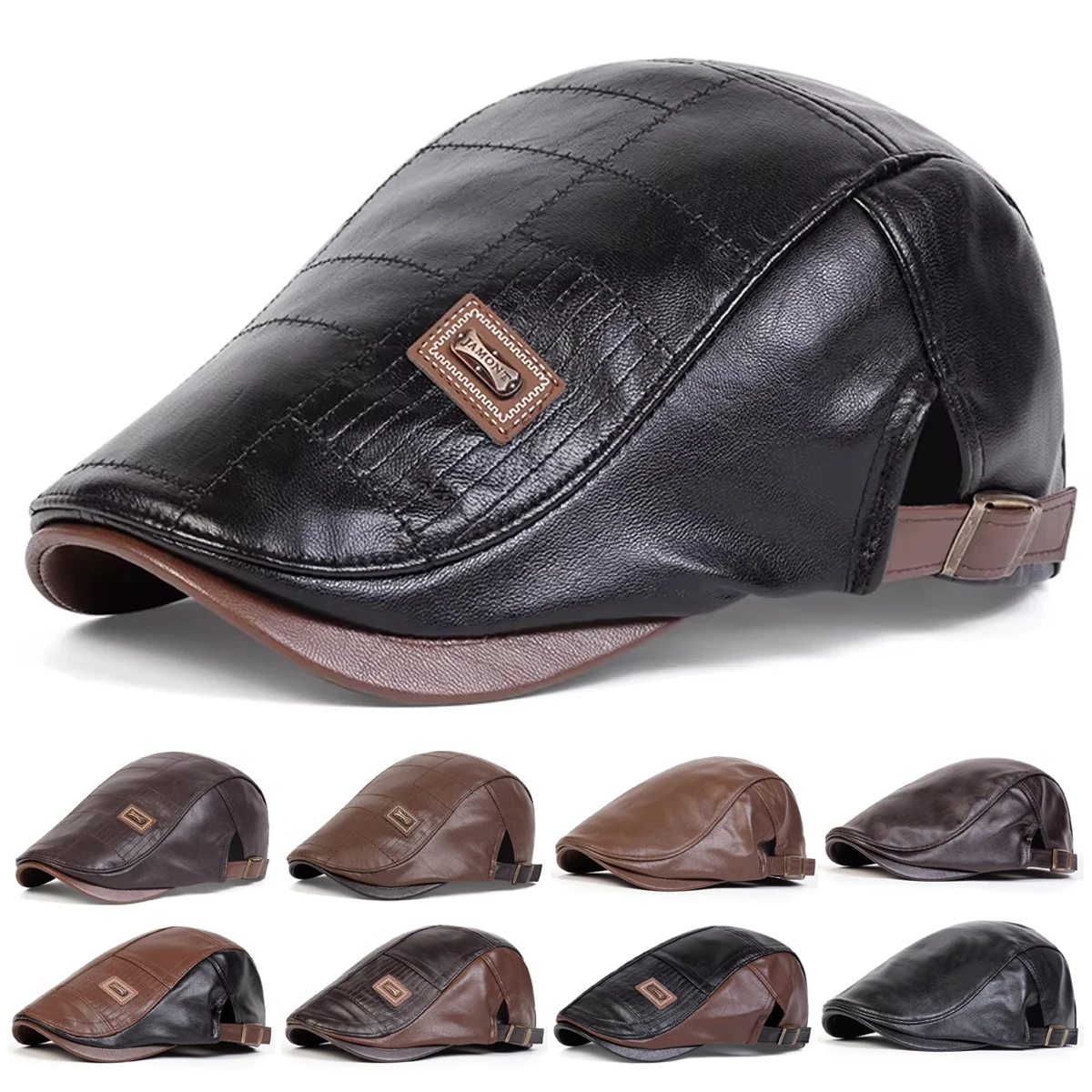 남자 레트로 Pu 가죽 Newsboy 모자 JAMONT 라벨 영국 화가 모자 봄 가을 측면 조절 플랫 캡 힙합 베레모