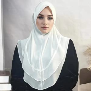 여성용 Hijabs 인스턴트 Hijab 스카프 Shaw Khimar 2 레이어 짧은 레이스 터번 겸손한 이슬람기도 Hijab 아랍어 Jilbab Femme Musulman