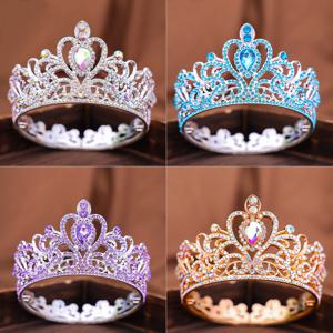 풀 라운드 크리스탈 라인석 웨딩 티아라, 신부 헤어 액세서리, 키즈 크라운, 케이크 토퍼, 축제 파티, 무도회 선물
