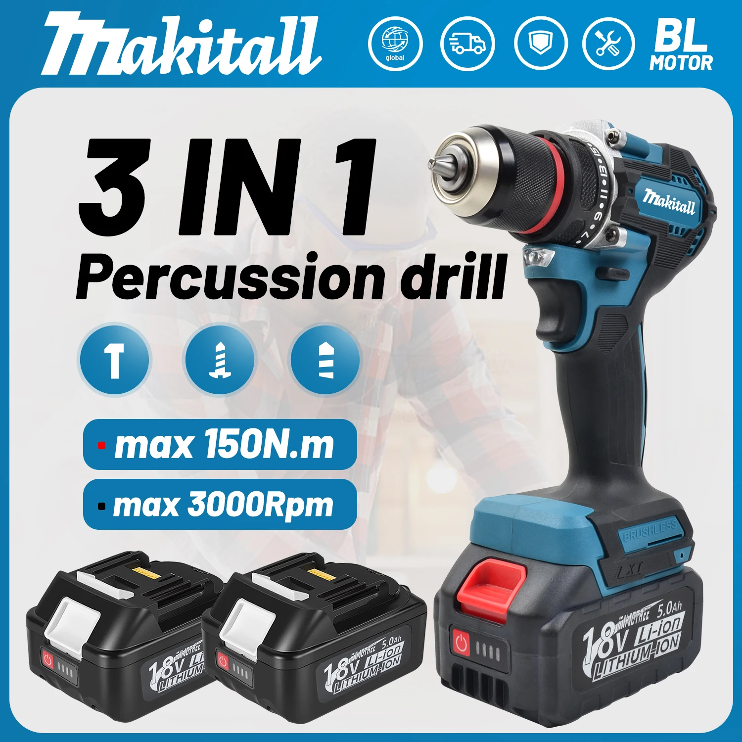 DDF487 스크루드라이버 무선 충격 드릴 전기 가변 속도 브러시리스 임팩트 파워 툴 드릴 (마키타 18V 배터리 핀용)