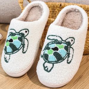 스마일 팝 겨울 실내 편안한 플러시 슬리퍼, 귀여운 만화 거북이 푹신한 면 슬리퍼, 미끄럼 방지 따뜻한 가정용 슬리퍼