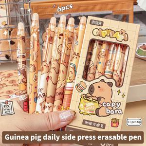 6Pcs 귀여운 Capybara 젤 펜 Kawaii 펜 세트 빠르게 건조 파란색 지울 수있는 펜 사무실 학교 용품 Kawaii Aesthetic Stationery