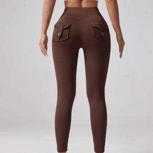 여성용 하이 웨이스트 배꼽 컨트롤 카고 요가 레깅스 스판덱스 솔리드 체육관 스타킹 스포츠 러닝 운동 바지 (포켓 포함)