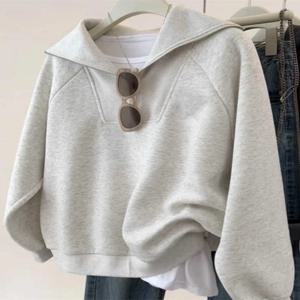 그레이 후드 지퍼 하프 언지퍼드 스웨트셔츠 여성 가을 ​​겨울 새로운 스타일 게으른 캡리스 아우터 탑 한국 스타일 긴 소매