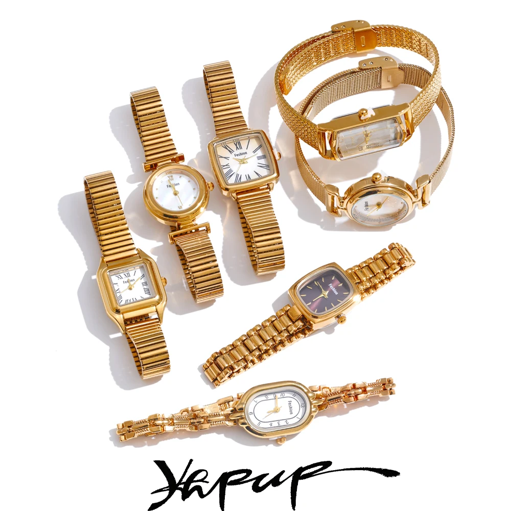 Yhpup 패션 스테인레스 스틸 Lades' 시계 일본 운동 방수 광택 반짝 이는 18K 골드 PVD 도금 보석 액세서리