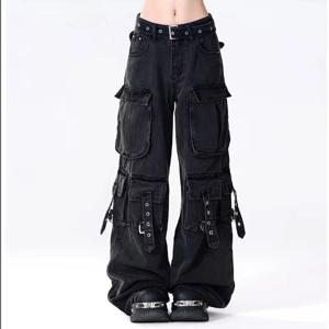 여성용 블랙 헐렁한 카고 청바지 하라주쿠 오버 사이즈 데님 바지 Y2k 90s 빈티지 2000s 진 바지 쓰레기 옷 2025