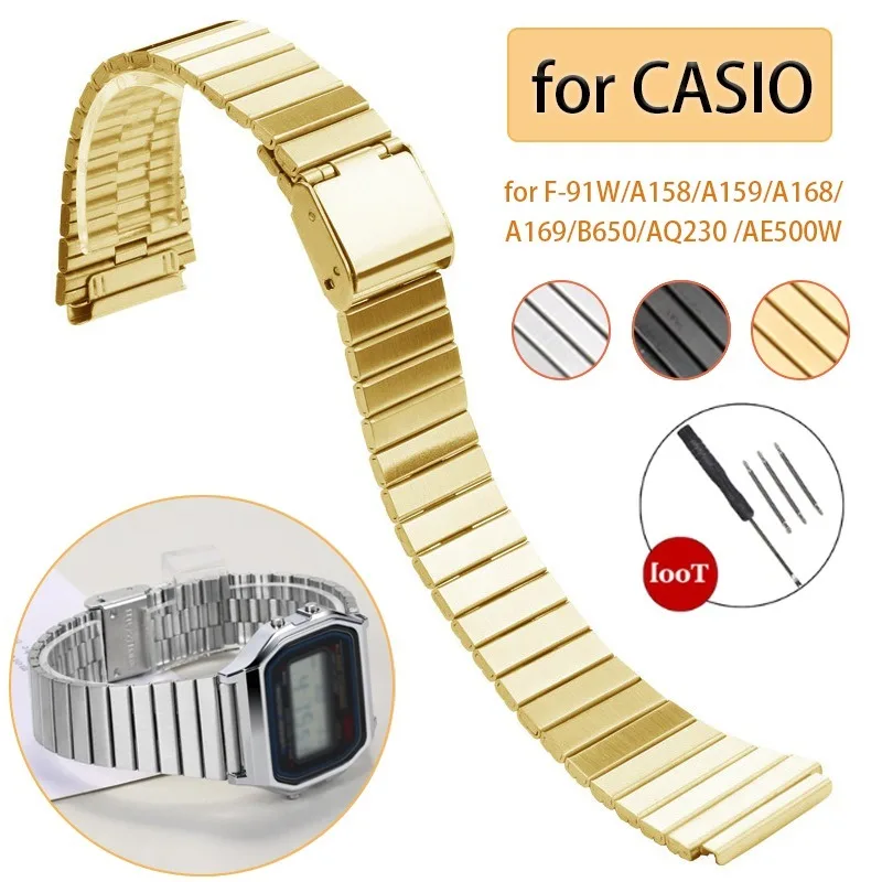 CASIO F-91W/A158/A159/A168/A169/B650/AQ230 /AE500W 스테인레스 스틸 스트랩 18/20mm 초박형 금속 팔찌용 빈티지 시계 밴드