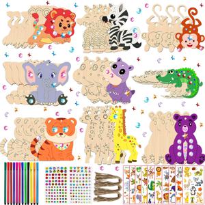 270PCS 동물 나무 공예 세트, 생일 공예, 그림용 나무 펜던트, 공예 세트