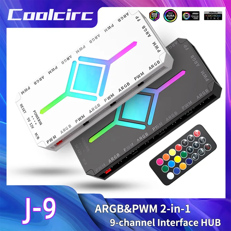 TEUCER 5V 3핀 팬 허브 ARGB PWM 4핀 1 ~ 9 포트 분배기 SATA 전원 자기 흡입 ARGB 팬 컨트롤러(PC 케이스 팬용)