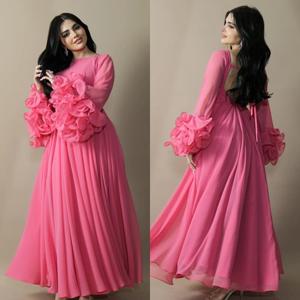 맞춤형 패션 쉬폰 플리츠 프릴 A라인 O넥 롱 드레스 맞춤형 행사 연예인 매칭 심플