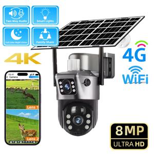 야외 태양광 4G 카메라 8MP 4K 저전력 배터리 듀얼 렌즈 세 개의 화면 PIR 인체 감지 IP 카메라 보안 보호