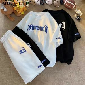 국경 와플 캐주얼 여름 얼음 실크 반팔 스포츠 의류 세트 남성 티셔츠 남성 의류 세트 매칭