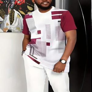 아프리카 남자의 대형 투피스 세트 접합 인쇄 라운드 넥 짧은 소매 티셔츠 세트 패션 캐주얼 반바지 러닝 슈트