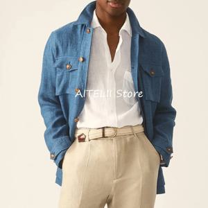 남성용 린넨 엘레강스 삭 슈트 재킷, 남성용 블레이저, 라펠 슈트, 싱글 브레스트 캐주얼 의류, 포켓 4개