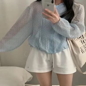 시크한 여름 안티에이징 폴카 도트 헴 드로스트링 쿨햇 레이스 에어컨 아우터 긴팔 지퍼 라운드 네크라인