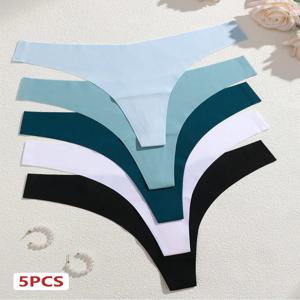 5Pcs 얼음 실크 원활한 끈 팬티 여성 V 허리 솔리드 컬러 팬티 섹시한 통기성 낮은 라이즈 속옷 보이지 않는 비키니 란제리