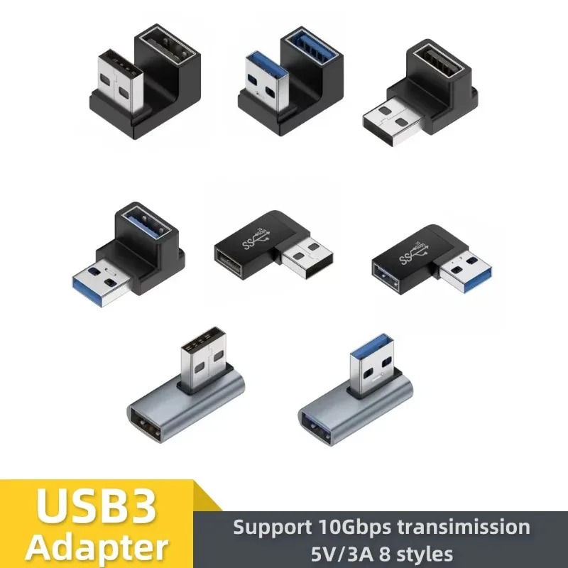 90도 직각 USB 3.0 연장 어댑터 위쪽 엘보우 10Gbps USB 커넥터 PC용 남성-여성 연장 플러그 변환기