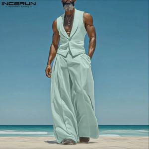 INCERUN 여름 남성 세트 솔리드 컬러 민소매 탑 티 버튼 여름 긴 바지 남성 투피스 정장 streetwear 2pcs S-5XL