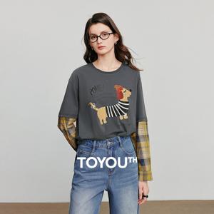 TOYOUTH 여성 후드티 스웨트셔츠 2025 가을 신상 코튼 강아지 프린트 스플라이싱 소매 페이크 투피스 라운드넥 풀오버 탑