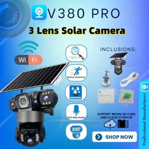 V380PRO 3렌즈 WiFi 태양광 카메라 HD 15MP 360도 야외 방수 CCTV 야간 투시 양방향 오디오 카메라 모바일 추적 IP 카메라