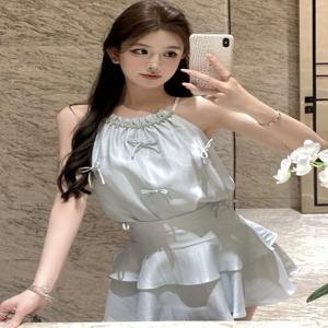 블루 보타이 스트랩 베스트 여성 여름 패션 세트 하이웨이스트 케이크 스커트 A라인 미니스커트 투피스 세트 반팔 라운드넥