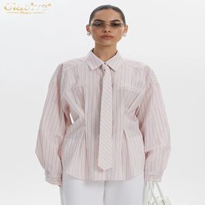 Clacive 패션 느슨한 스트라이프 인쇄 여성 셔츠 2025 캐주얼 옷깃 긴 소매 블라우스 우아한 클래식 넥타이 탑 여성 의류