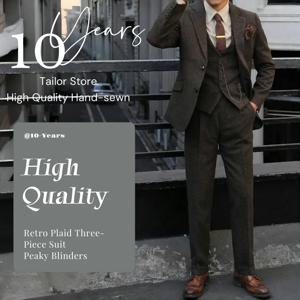 Peaky Blinders 남성용 3 피스 정장 빈티지 격자 무늬 양모 가을/겨울 헤비급 새 스타일 자켓 + 조끼 + 바지 슬림 피트 정장
