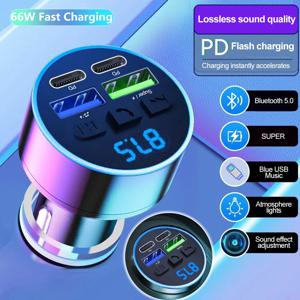66W 자동차 4포트 미니 충전기 듀얼 Pd/usb 지원 블루투스/하드 디스크 음악 듣기 대기 전압 디지털 디스플레이