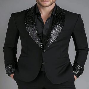 클래식 블랙 남성 정장 숄 라펠 스팽글 패치워크 슬림핏 신랑 파티 정장 코트 패션 웨딩 남성 블레이저 의상 옴므