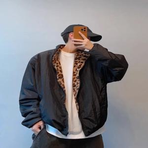 미국 레트로 양면 면 재킷 멋진 남성용 모조 토끼털 레오파드 프린트 컬러 블록 아우터웨어