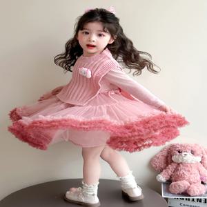 공주 스타일 여아 드레스 세트 봄 가을 신상 카와이 아기 니트 스웨터 스커트 하이웨이스트 스윗 스타일 긴팔 라운드넥