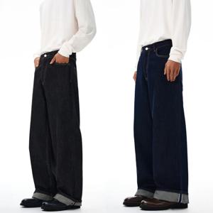 2025 가을/겨울 고품질 미국산 데니 원조 카우 레드 이어 컬드 엣지 진 남성용 스트레이트 튜브 루즈 롱 팬츠