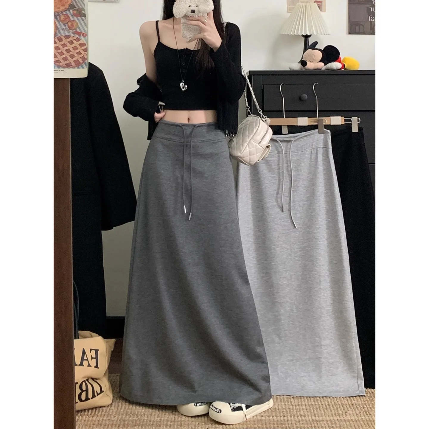 딥 그레이 드로스트링 하이웨이스트 A라인 롱 스커트 여성용 레이지 스타일 루즈핏 하프 스커트 가을용 캐주얼 스커트