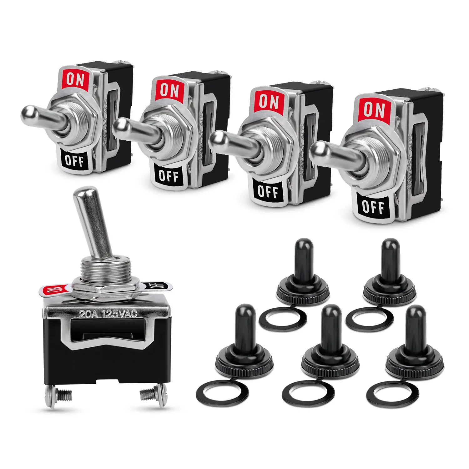 헤비 듀티 로커 토글 스위치 15A 250V 20A 125V SPST 2핀 온/오프 스위치 메탈 방수 부트 캡 커버-5팩, 2년 보증