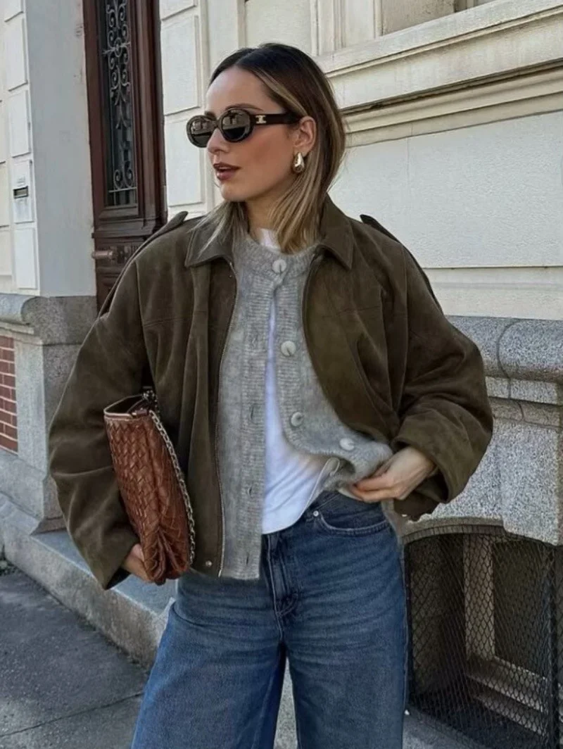 2025 신상 봄 가을 여성 스웨이드 질감 효과 루즈핏 라펠 코트 캐주얼 스트릿웨어 봄버 지퍼 재킷