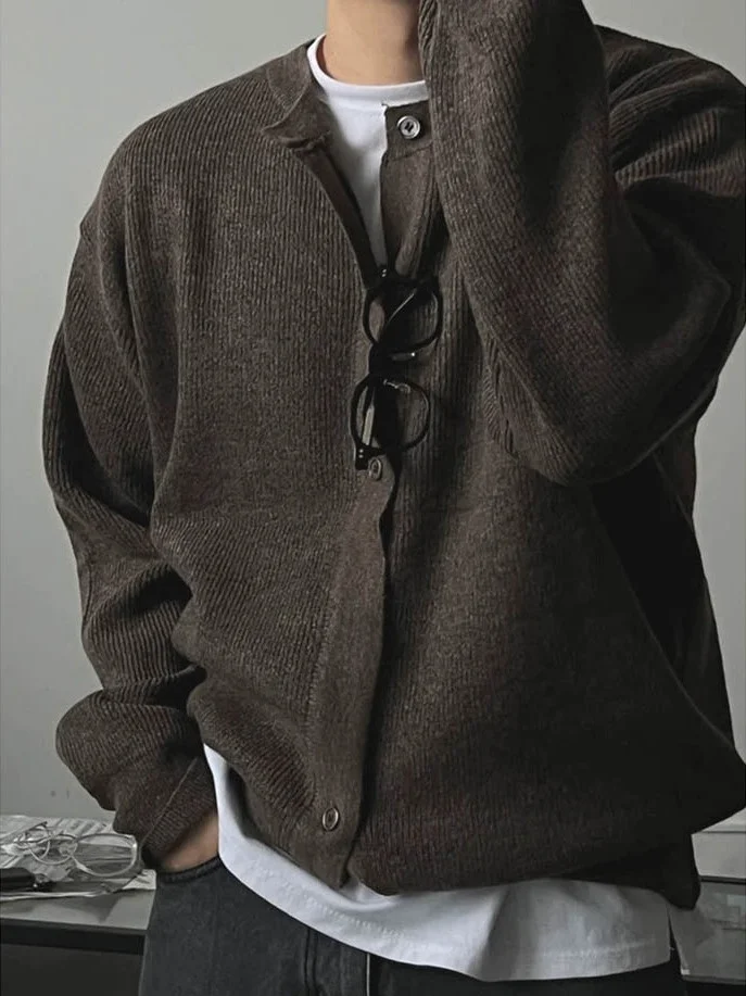 루즈핏 니트 가디건 남성용 라운드넥 긴팔 울 재킷 아메리칸 스타일 캐주얼웨어 통기성 좋은 가벼운 코트