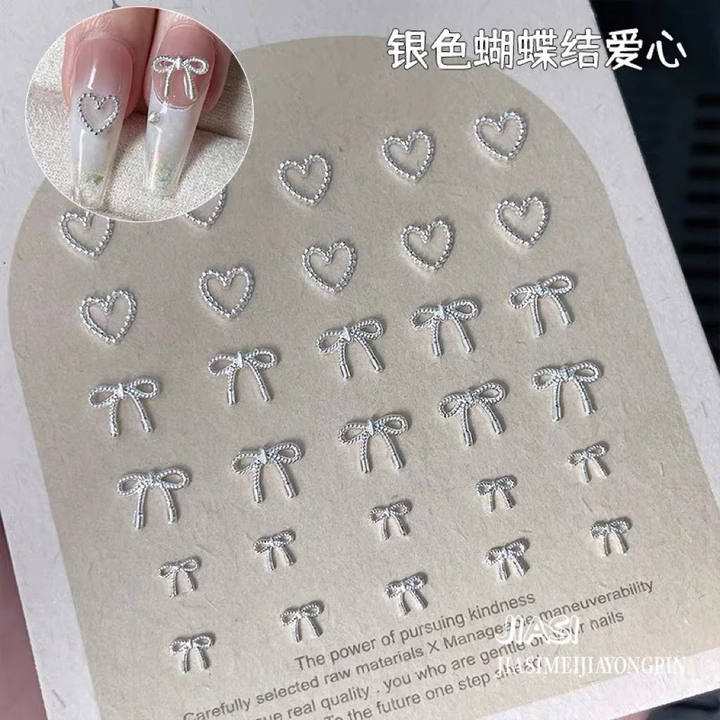 은색 나비 넥타이 네일 장식 참 금속 합금 리본 러브 네일 부품 한국 일본 네일 아트 액세서리 DIY 매니큐어 도구