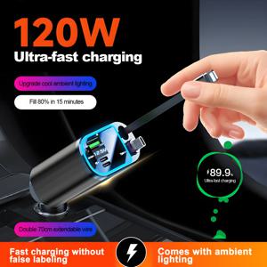 120W 접이식 차량용 충전기, 루프 스타라이트 USB C 케이블 고속 충전기, 아이폰, 화웨이, 삼성용 시거잭 어댑터