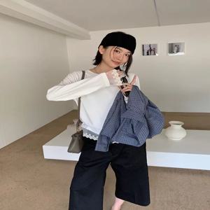 가을과 겨울 여성 캐주얼 단색 라운드 넥 긴팔 레이스 장식 티셔츠