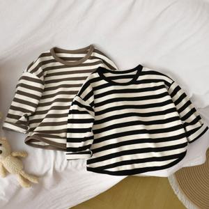 봄 가을 신상 아동 캐주얼 티셔츠 루즈핏 키즈 스트라이프 티셔츠 부드럽고 따뜻한 티셔츠 남아 여아 긴팔 상의 유아복