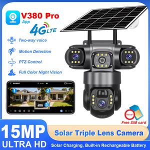 트리플 렌즈 4G 태양광 카메라 15MP 야외 방수 CCTV 야간 투시 양방향 오디오 카메라 모바일 추적 IP 카메라 V380 Pro