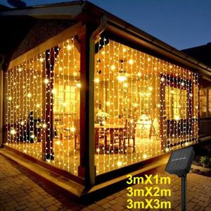 야외 태양광 커튼 라이트 3x3M 300LED 휴일 장식 가랜드 8가지 모드 할로윈 크리스마스 파티 장식 스트링 라이트