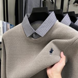 개성 가짜 두 벌 남성 니트 스웨터 럭셔리 디자이너 브랜드 폴 조랑말 자수 패션 스트라이프 셔츠 칼라 상의