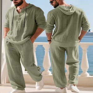 남성용 아메리칸 스타일 가을 캐주얼 린넨 후드 헨리 셔츠와 단색 바지 세트 편안하고 통기성 좋은 의류